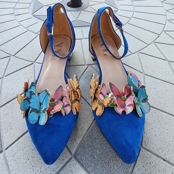 NUYG Blue 3D Butterfly Appliqué Faux Suede Gem Embellished Flats 9 - Picture 5 of 12